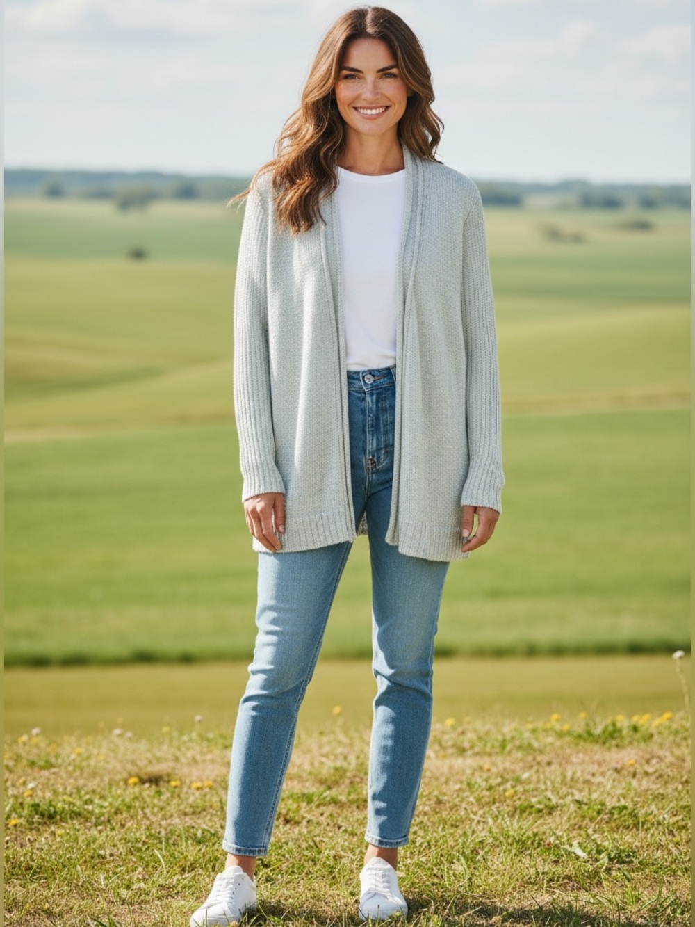 Chico’s Subtle Shimmer “Ellie Ease” Cardigan in Seagull NWT (A-1)